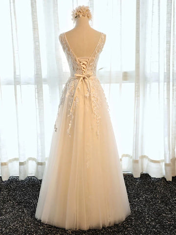 A Line Round Neck Appliques Tulle Prom Dress Formal Evening Dress HZ1023